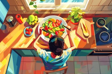 Illustration of a healthy woman preparing a colorful and nutritious salad in a modern kitchen.
