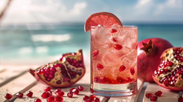 Pomegranate juice with fresh pomegranate fruits on wooden table on a table overlooking a sunny tropical beach