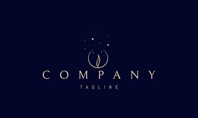 A vector golden logo with an abstract image of a flame in a semicircle against a background of stars.