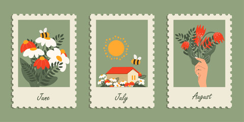 Postage stamps, postcards, stickers, spring, summer, flowers