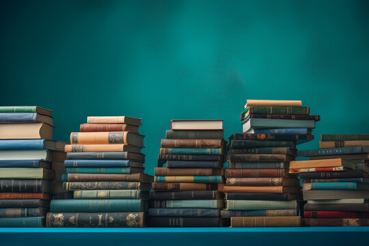 Old vintage books on turquoise background. Many hardcover books. Collection of Antique books