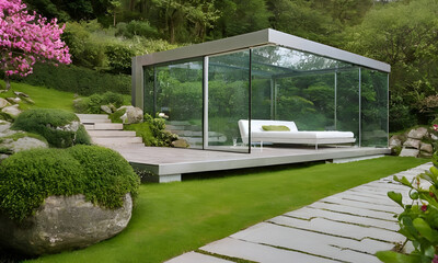 Minimalist modern house glass on garden in the park