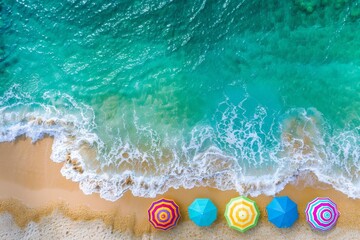 Waves Approaching Colourful Beach Umbrellas.
Waves gently approach a row of colourful beach umbrellas, captured from an aerial perspective. - obrazy, fototapety, plakaty