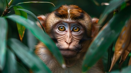 Curious Macaque Peeking Through Rainforest Leaves