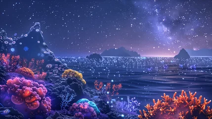 Foto op Plexiglas Fantasy night seascape, glowing marine life, starry sky, digital © pasakorn