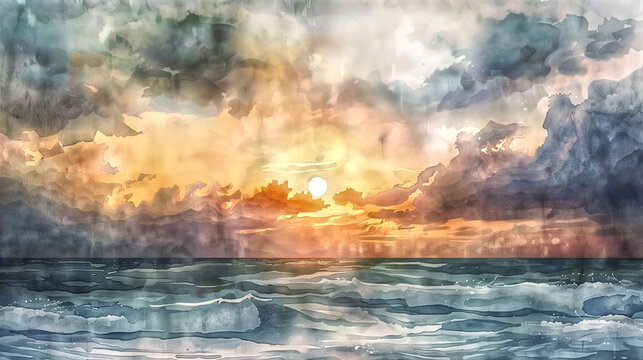 Watercolor seascape with sunset with beautiful sky and clouds. D