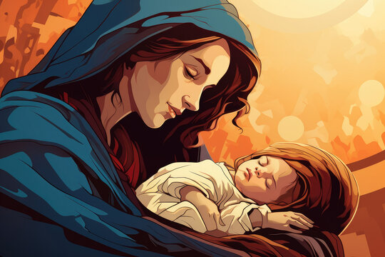 Illustration of Mary and baby Jesus portrait in graphic novel style