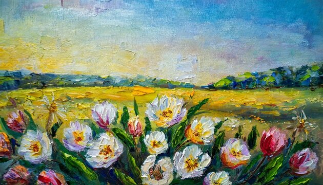 oil painting of spring flowers on canvas art work