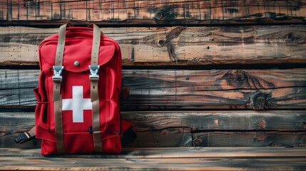 Red emergency first aid backpack on a wooden background. Baner. bag with the white cross. World First Aid Day