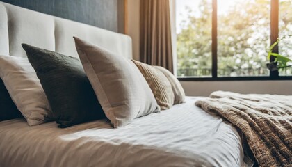 close up of pillows and bed in background of cosy modern bedroom the mockup concept of sleek and minimalist