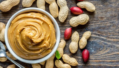 bowl of peanut butter and peanuts on table background top view with copy space creamy peanut pasta...