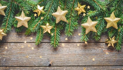 christmas border with green fir branches and gold stars