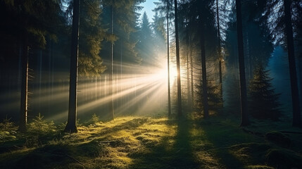 Rays of sunlight in the spruce forest. Sun shining accomplanied by trees background