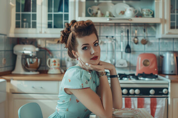 Portrait of an attractive housewife at the kitchen, retro life style - obrazy, fototapety, plakaty