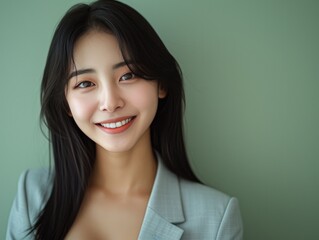 happy smiling or laughing Asian female office worker with black straight hair