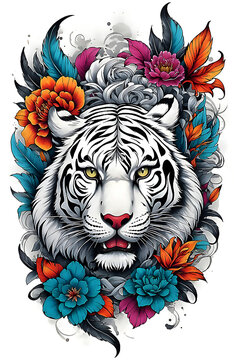 White Tiger head illustration on colorful design,