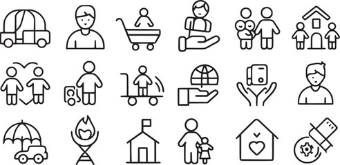  Care, awareness, safety, support, parenthood, Child care icons set vector collections. 