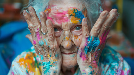 Sweet old lady 90+ smears her face with a face painted with colored powders for holly party