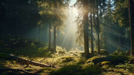 Naklejka premium Rays of sunlight in the spruce forest illustration. Sun shining accomplanied by trees background