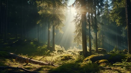 Fotobehang Rays of sunlight in the spruce forest illustration. Sun shining accomplanied by trees background © Yellow