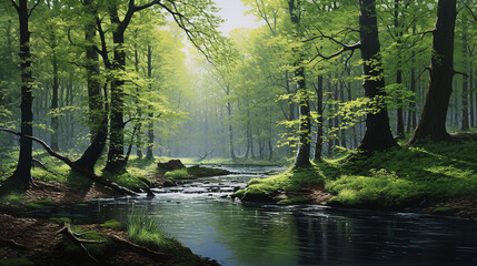River in the spring forest. Lush forest with lake background - obrazy, fototapety, plakaty