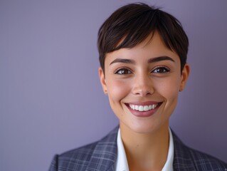 happy smiling or laughing American female office worker with very short hair on professional background