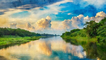 wallpaper watercolor painting colorful of the sky over the river