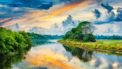wallpaper watercolor painting colorful of the sky over the river