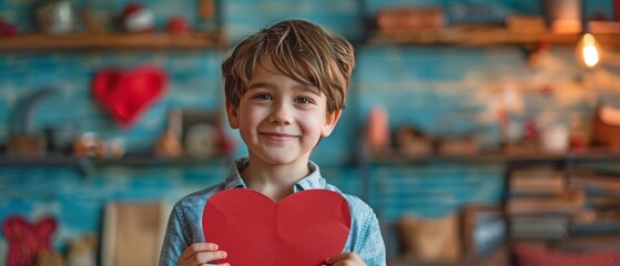 A cheerful youngster clutching a red paper heart against a background of an interior space.