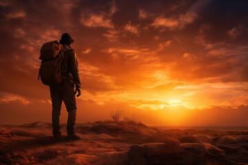 Silhouette of a traveler with backpack standing against a dramatic sunset sky