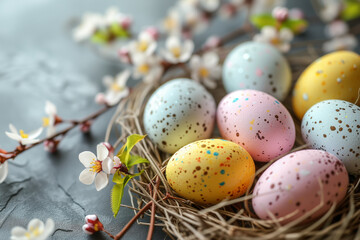 Naklejka na ściany i meble Spring Festive Ensemble: Flowers and Easter Eggs in a Basket