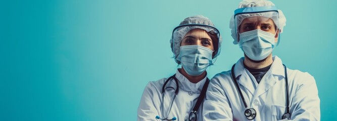 Two medical personnel in protective gear stand side-by-side against a blue background with their faces digitally obscured - obrazy, fototapety, plakaty