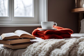 books and a knitted scarf on the bed