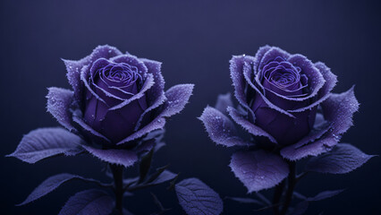 Beautiful purple roses with water drops on dark background. Valentine love concept