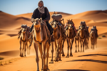 Person leading a camel caravan across the golden dunes of the Sahara