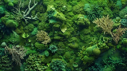 An underwater-themed moss picture, where various shades of green moss are layered to mimic the ocean floor.  - obrazy, fototapety, plakaty