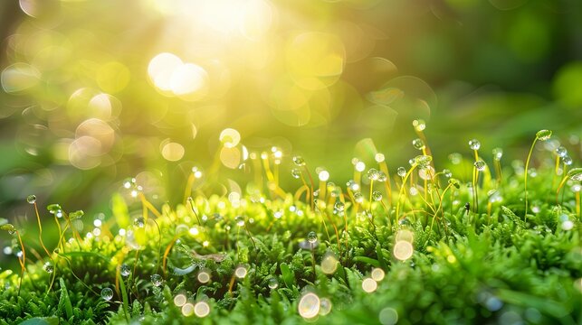 A vibrant, sunlit moss picture highlighting the delicate dew drops on the moss fibers, enhancing the lushness and vitality of the scene. 
