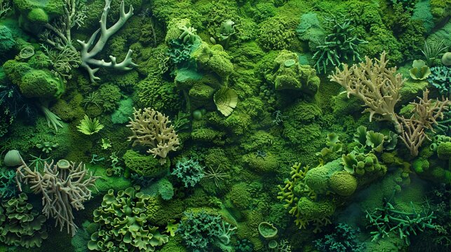 An underwater-themed moss picture, where various shades of green moss are layered to mimic the ocean floor. 