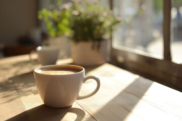 Fototapeta na wymiar A cup of coffee on the table near the window