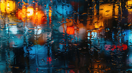 Detailed view of rain droplets covering a window, distorting the view of the outside world