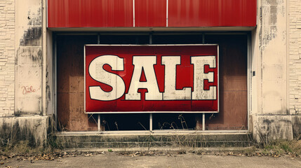 A red sale sign is prominently displayed in front of a brick building, attracting attention to a special offer or promotion. The sign contrasts with the traditional architecture of the building