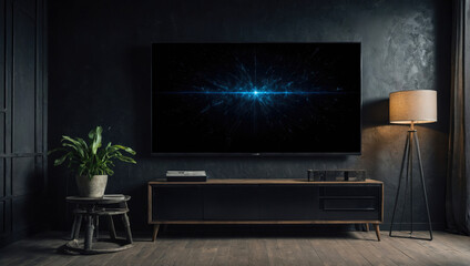 elegant modern apartment with sofa and a large television hanging on the wall and a large panoramic window