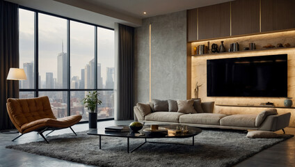 elegant modern apartment with sofa and a large television hanging on the wall and a large panoramic window