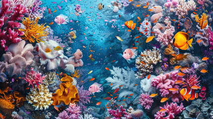 Fototapeta na wymiar Vibrant coral reef bustling with a diverse array of colorful fish swimming among the coral formations