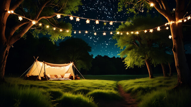 A grassy meadow under a canvas of stars, illuminated by fairy lights strung across the trees