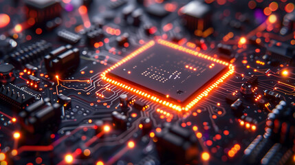 Fototapeta na wymiar Glowing cpu chip on electronic circuit board