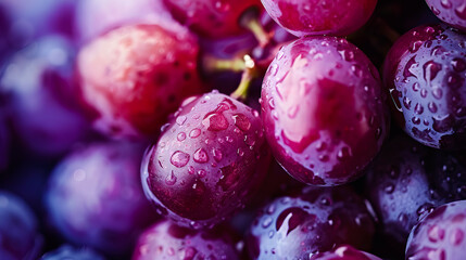 Close-up of berries of bunch of red grapes with water drops. Soft focus - AI Generated