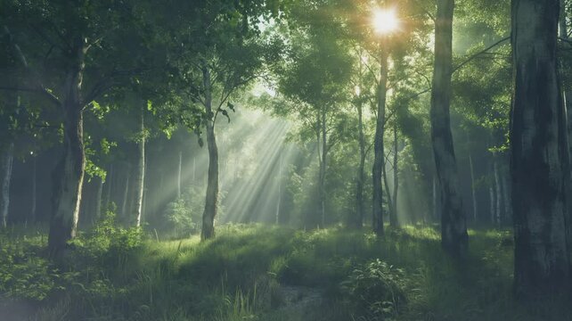 Step into a realm of enchantment with this captivating image of sunlight filtering through the misty forest canopy, casting ethereal rays onto the lush undergrowth. Captured with a DSLR camera and wid