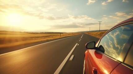 A red car on the road against the backdrop of a beautiful sunset landscape. Car travel concept. Photo with copy space.
