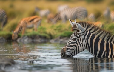 Fototapeta na wymiar Close up of a young zebra quenching its thirst in a tranquil pond
